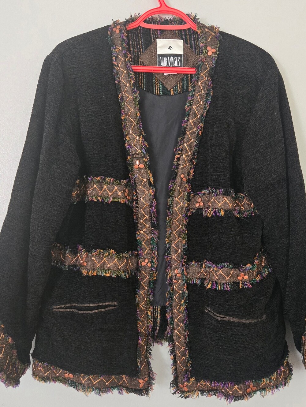 Vintage Yak Magik Nepalese Art To Wear Open Front Fringe Jacket Cardigan L Black
